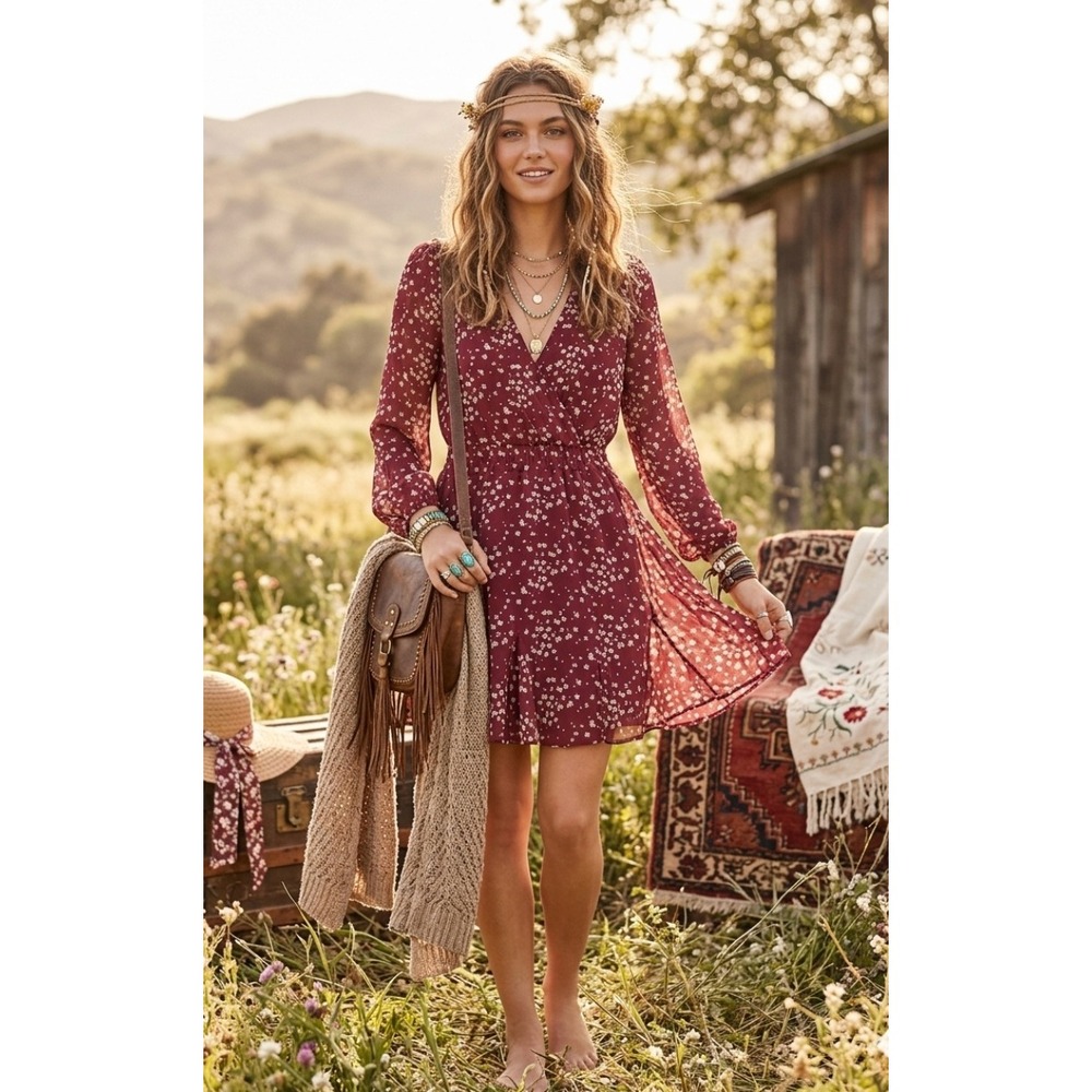 Babydoll Dress Size Small Fairy Whimsical Bohemian Long Sleeve Maroon Floral